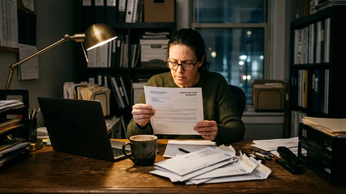 A small-business owner reading a subscription renewal letter at a desk late in the evening, envelopes stacked in front of her